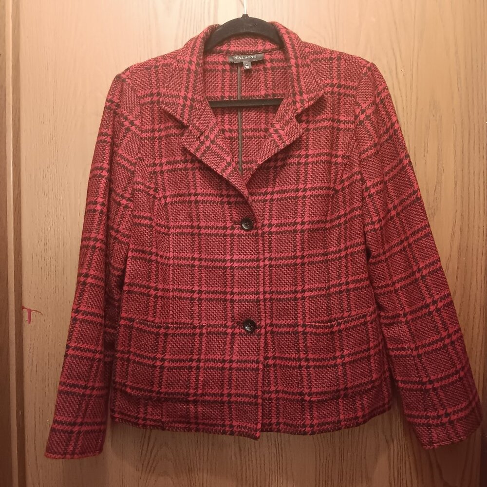 Talbots women's red & black wool blend houndstooth blazer jacket sz 10